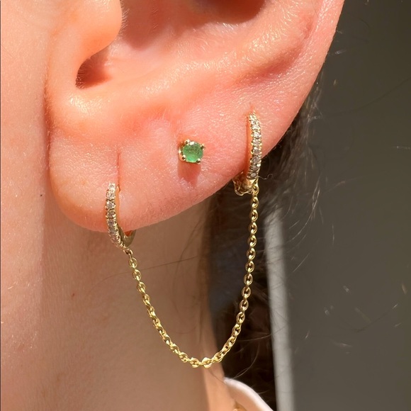 Double Piercing Diamond Huggie with Chain in 14K Yellow Gold - Picture 8 of 8